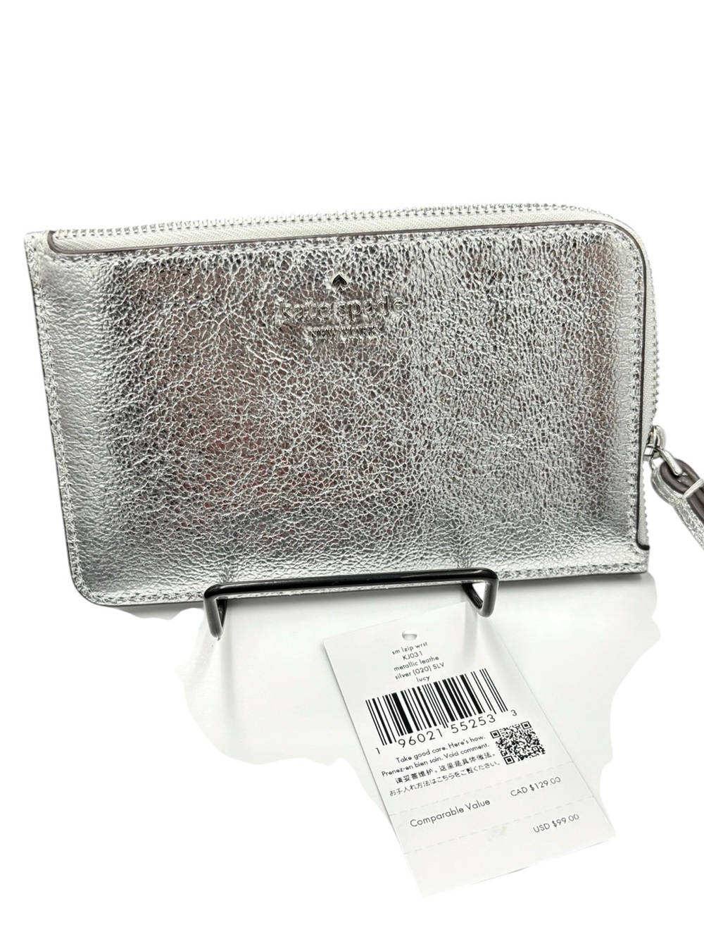 Kate Spade Lucy Metallic Silver Leather Zip Wristlet $99 NWT